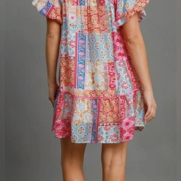 Umgee Boho Mixed Floral Patchwork Babydoll Mini Dress XL - Picture 4 of 14